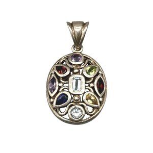 Oval Sterling Silver Pendant With Multi-Color Gemstone Accents & Open Filigree D